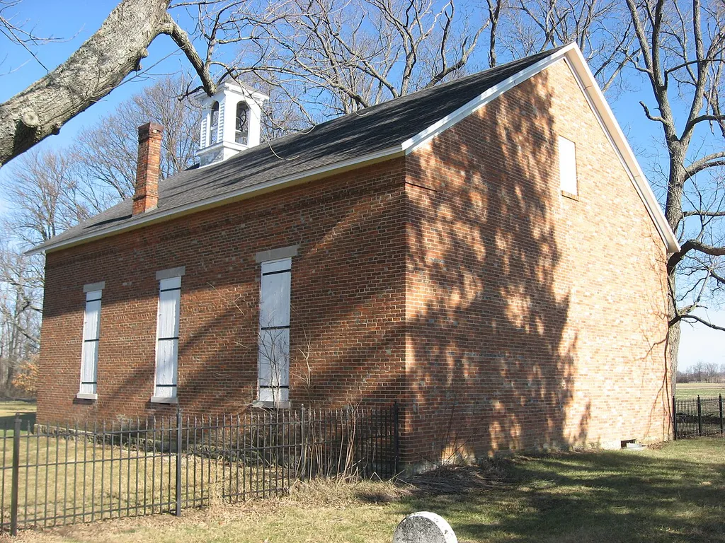 Front of the former Mount Zion Methodist Episcopal Church, located at 1701 W. Eaton-Wheeling Pike west of Eaton in Union Township, Delaware County, Indiana, United States. Built in 1867, it is listed on the National Register of Historic Places.
