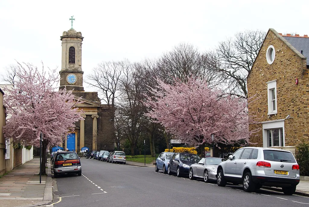 Photograph of St Peter's Square, Hammersmith, showing the church
