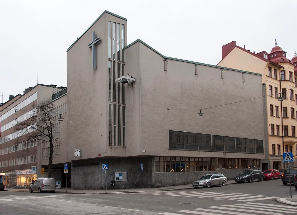 Norrmalmskyrkan, Norrtullsgatan 33, Norrtullsgatan 37, Nybyggnadsår 1962 - 1968, Bengt S. Carlberg - Stig Hermansson (Arkitekt) John Mattson Byggnads AB (Byggmästare) Sällskapet V.S gm Norrmalms Baptistförsamling (Byggherre)