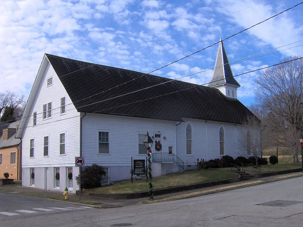The Loudon Cumberland Presbyterian Church in Loudon, Tennessee, USA. The church was founded in 1853 and the original part of the present structure (the right half in the photo) was completed in 1882. The first story of the addition was completed in 1916, and the second story in 1939.
