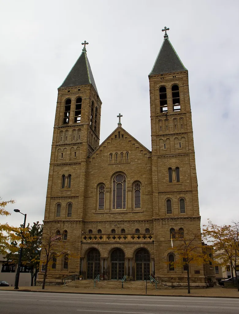 St. Bernard's Church, 44 University Avenue, Akron, Summit County, Ohio - view west showing east face.