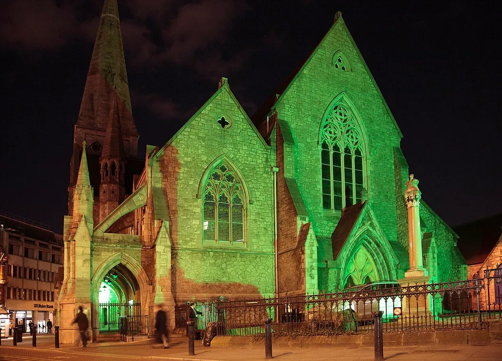 St. Andrew's Church on Andrew Street, Dublin, Republic of Ireland, photographed in green illumination on St. Patrick's Day (17 March) 2010