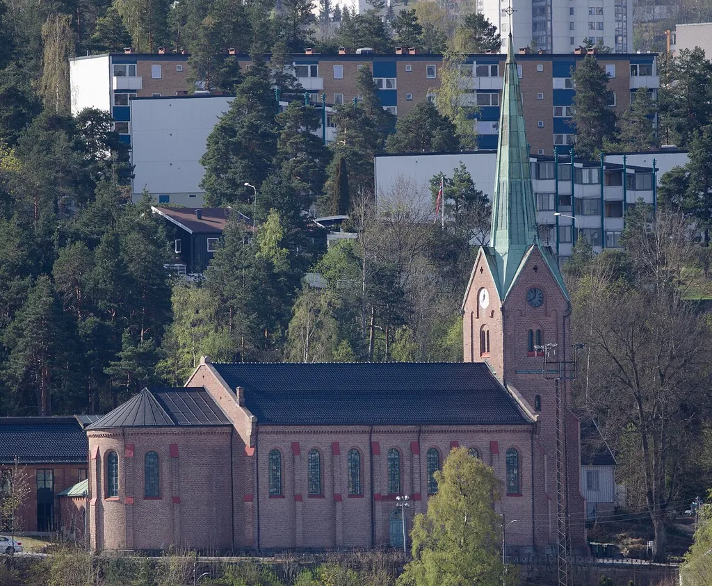 Tangen church in Drammen, seen from the Fjord park 1.3 km to the north.