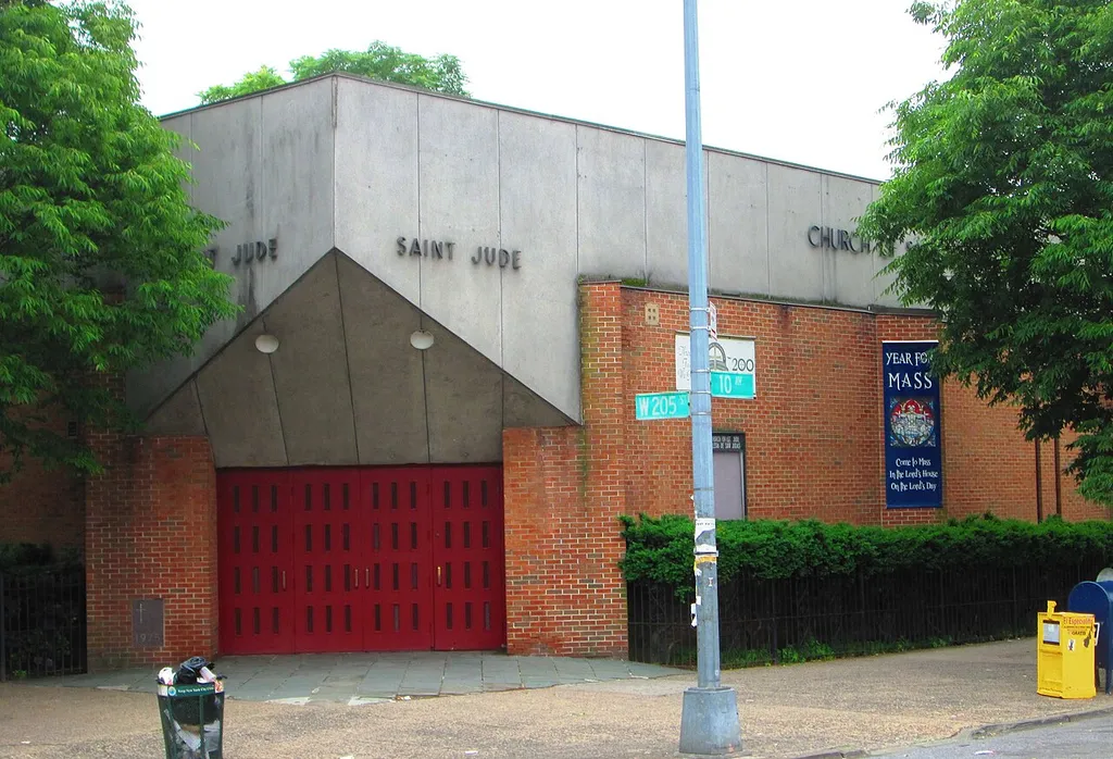 The Roman Catholic Church of St. Jude, located at 3815 Tenth Avenue at the corner of West 205th Street in the Inwood neighborhood of Manhattan, New York City, was built in 1975-76 and was designed by Clark &amp; Warren in the Brutalist style. The School of St. Jude, around the corner at 431 West 204th Street and built in 1949-51 to designs by Voorhees, Walker, Foley &amp; Smith, was originally the sanctuary as well. The parish dates from 1949. (Sources: From Abyssinian to Zion (2010), NYC GIS map (sanctuary) and NYC GIS map (school))