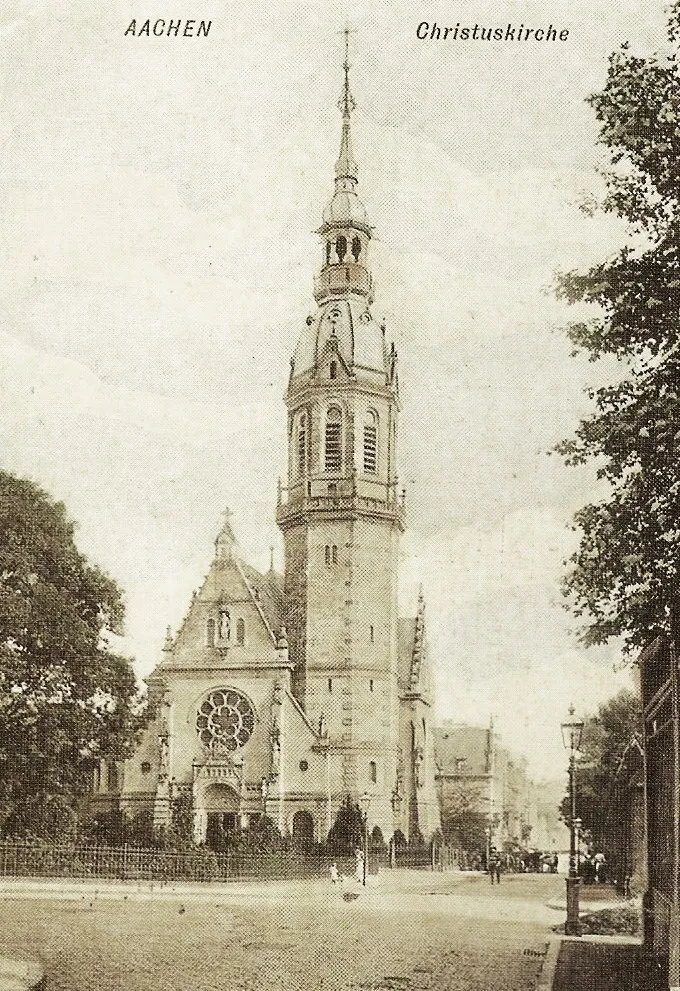 Scan einer alten Aachener Ansichtskarte aus dem eigenen Besitz; Motiv: ehemalige ev. Christuskirche in Aachen, 1893–1896 erbaut,