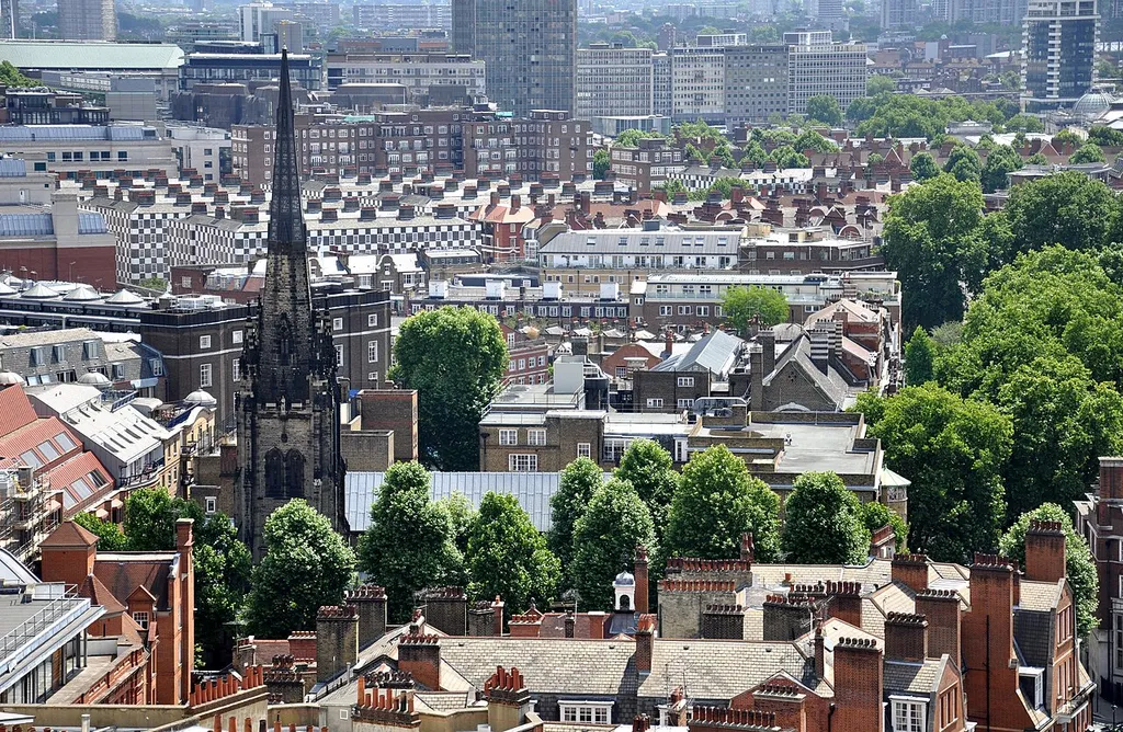 Rooftop view east from the tower of Westminster Cathedral. The tower and spire on the left are of St Stephen's parish church, Rochester Row, Westminster, London SW1