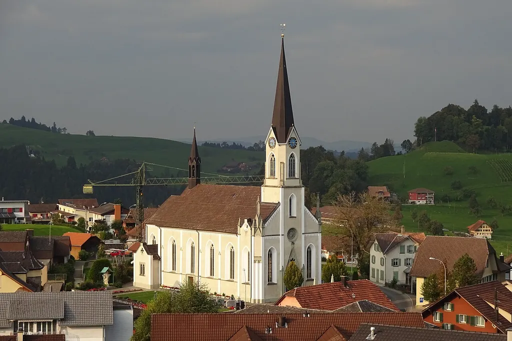 Doppleschwand - Pfarrkirche St.Nikolaus (KGS-Nr 3654): Ortszentrum mit Pfarrkirche von Südwesten (Aufnahmestandort: Stocketli - 47°01’01.56’’ N / 8°03’17.38’’ O)