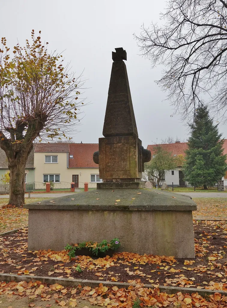 Western view of the war memorial in Friedrichsthal, Oranienburg municipality, Oberhavel district, Brandenburg state, Germany.