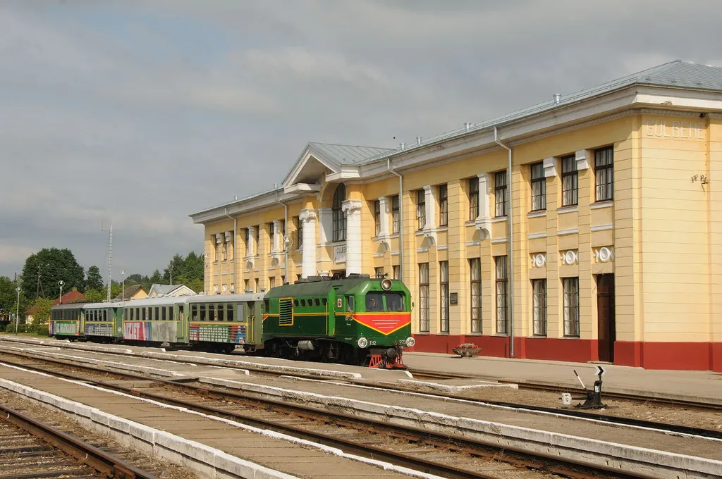 Railway station of Gulbene with narrow gauge train arived from Aluksne.