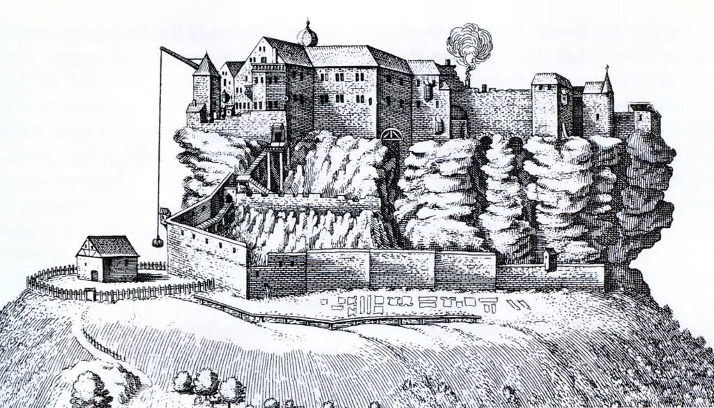 Die Dagsburg in Lothringen auf einem Kupferstich von Matthäus Merian um 1663