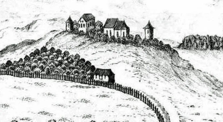 Baumgartenberg in Oberösterreich. Ulrichsberg (Schöllerberg). Abgekommener Sitz. Burg Machland. Detail des Vischer-Stichs Nr. 126 Closter Baumgartenberg. 1674.