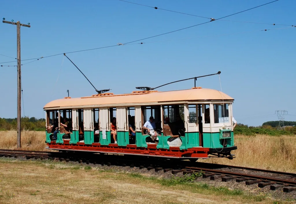 An ex-Sydney, Australia semi-open streetcar operating at the Oregon Electric Railway Museum, at Antique Powerland, in Brooks, Oregon. Car 1187 was built in 1912 by the Meadowbank Manufacturing Company (in Sydney).