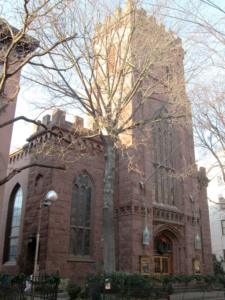 The First Presbyterian Church at 124 Henry Street between Pierrepont and Clark Streets in the Brooklyn Heights neighborhood of Brooklyn, New York City was built in 1846 and was designed by William B. Olmstead. The congregation dates from 1822 and had their original church on Cranberry Street between Henry and Hicks Streets. At the time of the great schism in American Presbyterianism over slavery and other issues, some members of the church, in reaction to the "New School" preaching of Dr. Samuel Hanson Cox, split to start an "Old School" church, located at Remsen and Clinton Streets. while others left help start the Church of the Pilgrims, and others joined the Plymouth Church, which in 1846 bought the First Presbyterian site when the First Church, needing to expand, moved to Henry Street. Many of the stained glass windows in the new church were by the Louis Comfort Tiffany Studios. (Source: "History" from the church website)