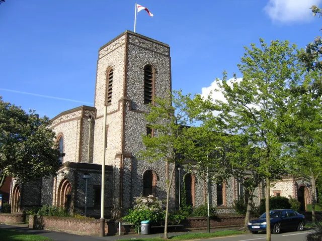 St Alban's parish church, Norwich, Norfolk, seen from the southwest, at the junction of Grove Walk (left) and Eleanor Road (right). Designed by Cecil Upcher and built 1932–38.