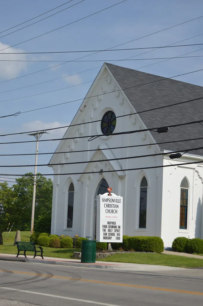 Front of the Simpsonville Christian Church, located at 7002 Shelbyville Road (U.S. Route 60) in Simpsonville, Kentucky, United States. Built in 1875, it is listed on the National Register of Historic Places.