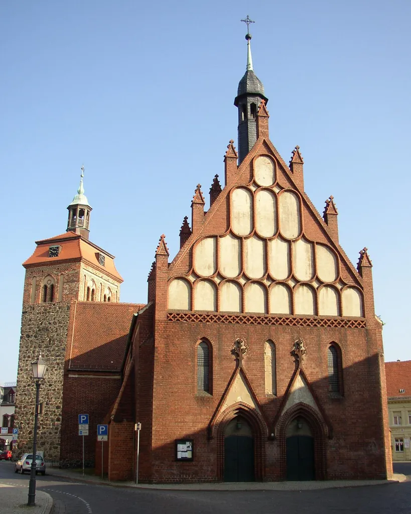 Market tower and church in Luckenwalde in Brandenburg, Germany