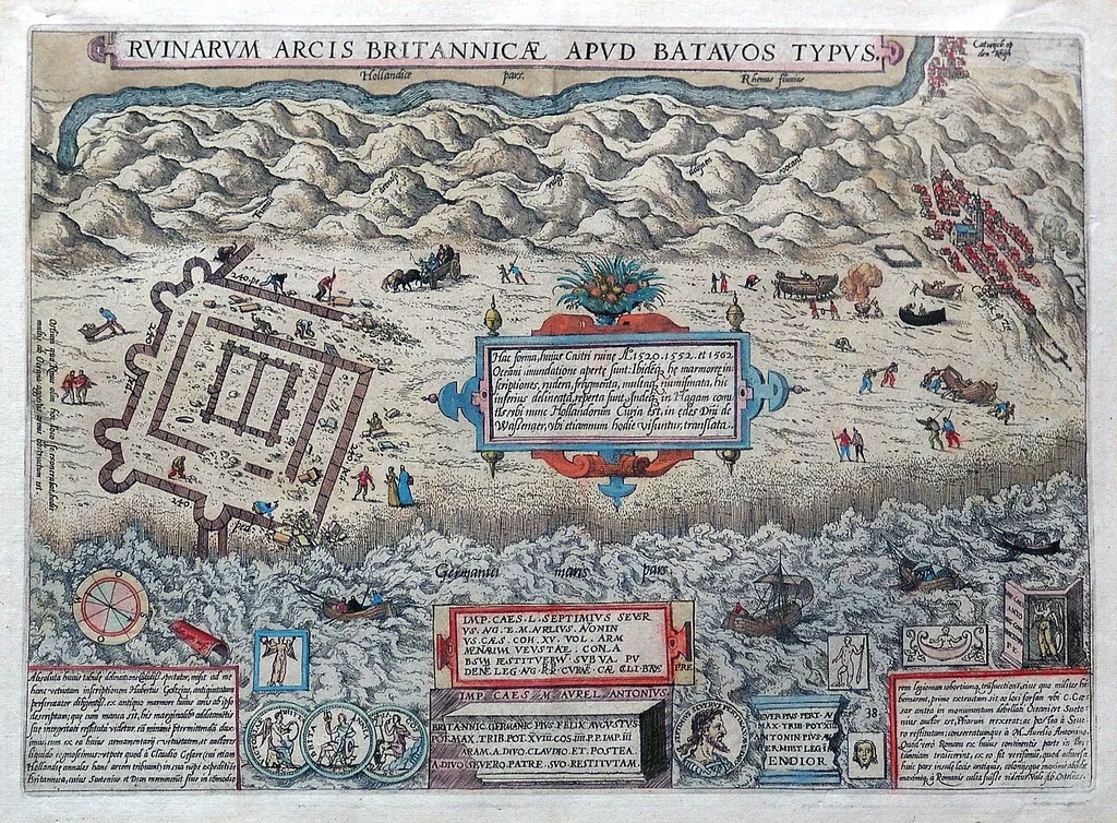 De Brittenburg naar Abraham Ortelius. Deze gravure komt uit Guicciardini's beschrijving van de Nederlanden, uitgegeven vanaf 1582 tot 1588