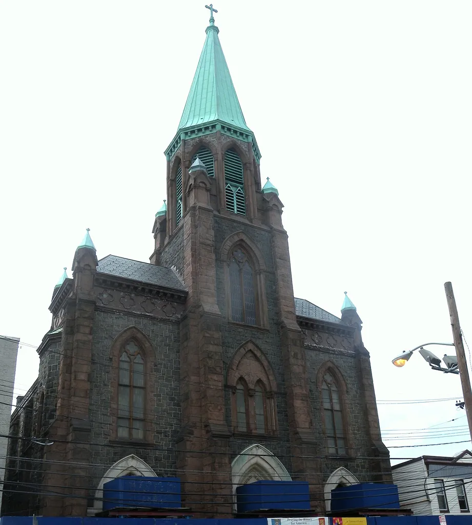 Looking northwest at St Anthony of Padua RC Church on a cloudy afternoon.