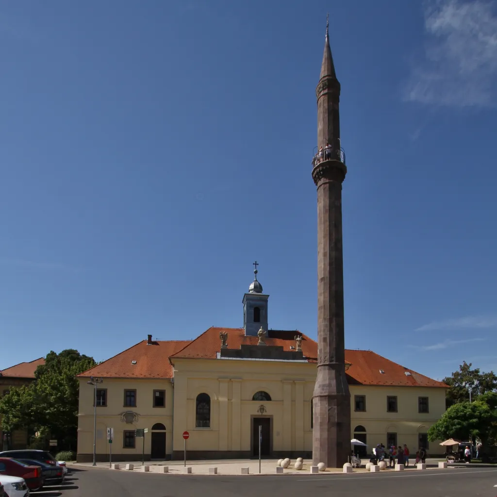 Ottoman minaret, Eger, Hungary, seen from east-northeast, with St Sebastian's church in the background