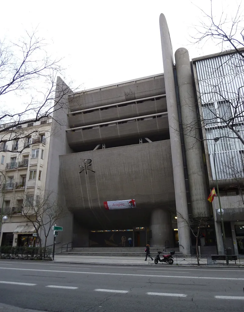 Façade of Church of Our Lady of the Rosary of the Philippines, at 40 Calle del Conde de Peñalver (street) in Salamanca district in Madrid (Spain). It was projected in 1967 by Cecilio Sánchez-Robles Tarín and built between 1967 and 1970.