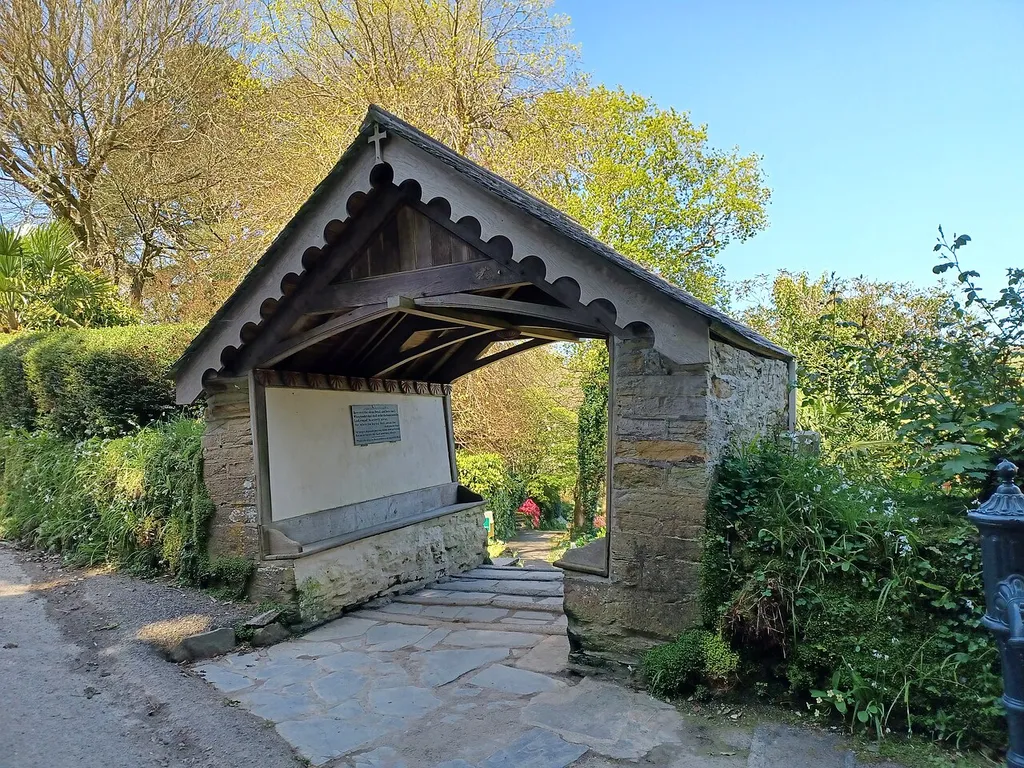 St. Just in Roseland Church, Cornwall. England. The lychgate was first built in 1632, and was possibly rebuilt in the early 19th century, Grade II listed. The church was consecrated in 1216, Victorian refurbishment 1872, Grade I listed.