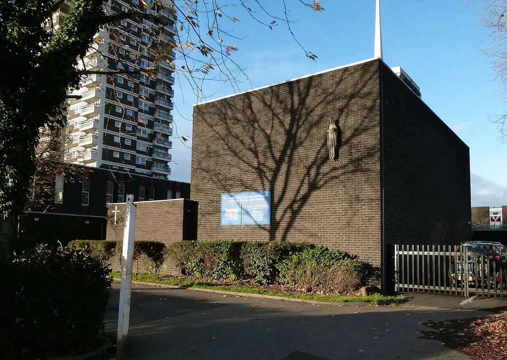 View of the Anglican parish church of St John with St Mary &amp; St Edward, Albert Road, North Woolwich, Docklands, London.