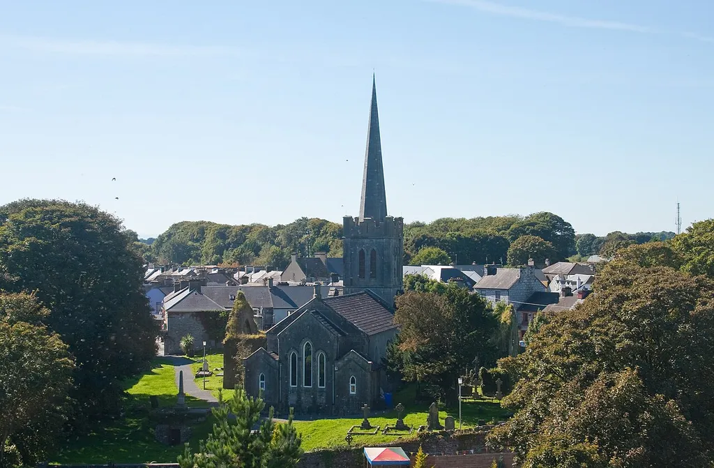 Athenry, County Galway, Ireland St. Mary's Parish Church and town as seen from Athenry castle, looking south-west.