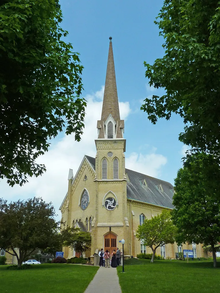 Entrance at the corner tower of First Methodist Church in Monroe, Wisconsin.