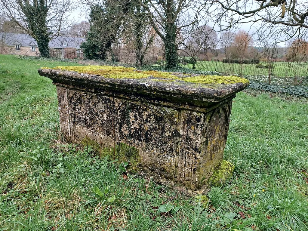 St Leonard's Church, Sutton Veny, Wiltshire, England. Limestone chest tomb of Ann Dew, died 1687. Grade II listed.