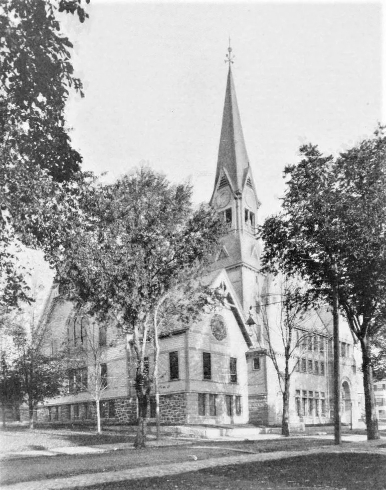 The Broadway Congregational Church in Somerville, Massachusetts. Built in 1883-84 on Sycamore Street near Browning Road, and expanded 1895-96. Demolished.