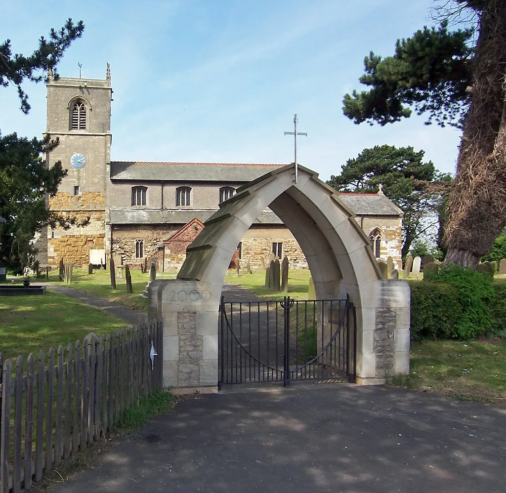 St Denys' parish church, North Killingholme, Lincolnshire: view from the south, showing the memorial gate