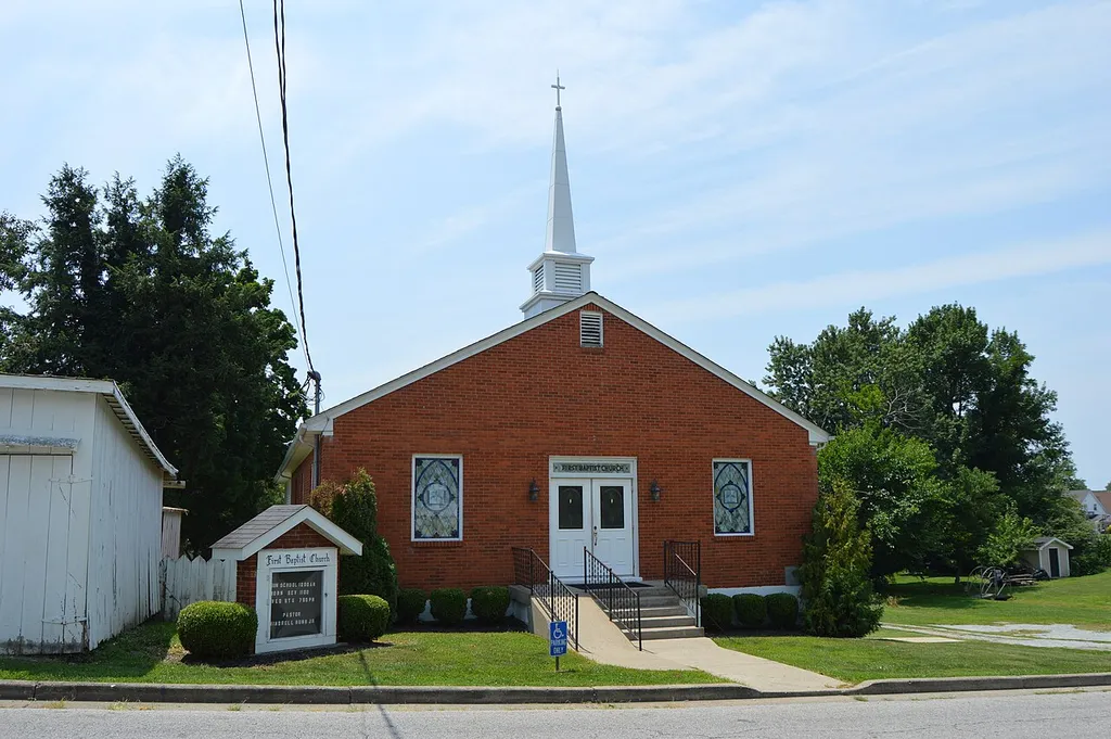 Front of the First Baptist Church of Springfield, located at 336 E. High Street in Springfield, Kentucky, United States. It occupies the site of the former Johnson's Chapel AME Church, which was built in 1872. Although it was listed on the National Register of Historic Places in 1989 and later destroyed, it has not yet been removed from the Register.
