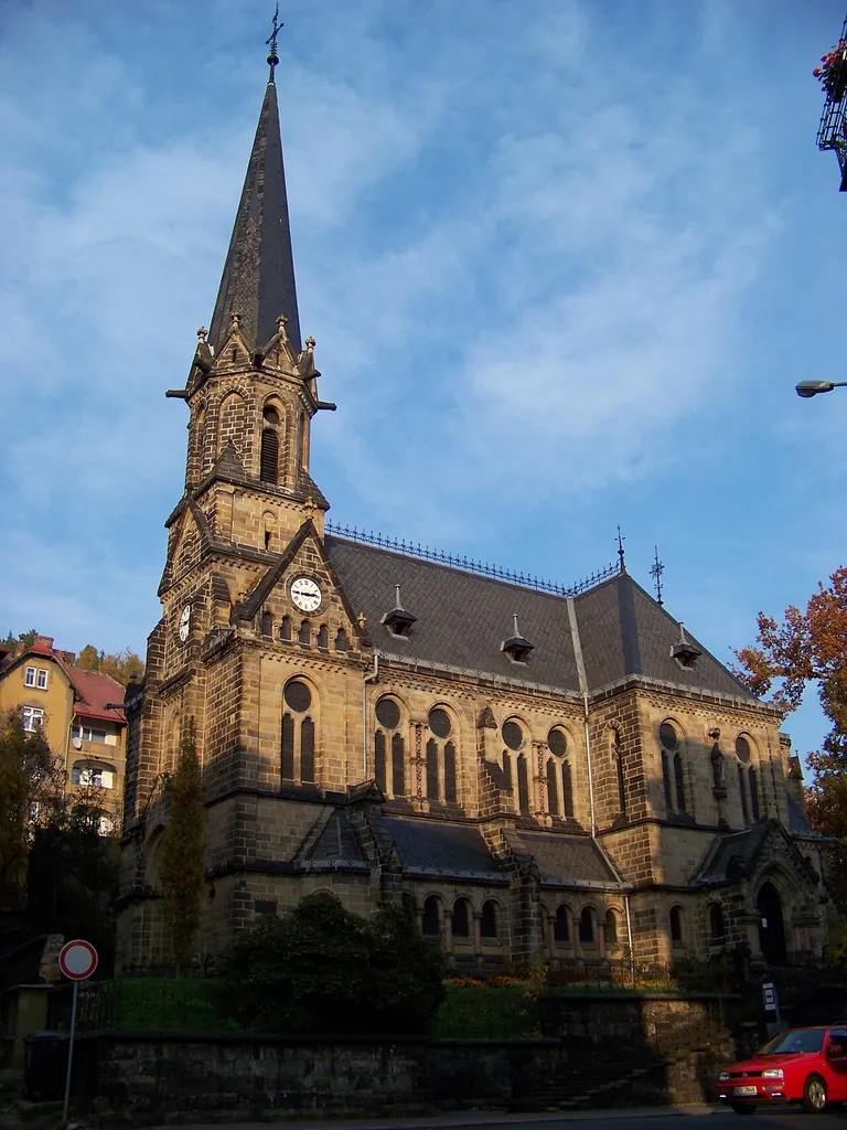Děčín IV-Podmokly, the Czech Republic. Teplická street, evangelical church.