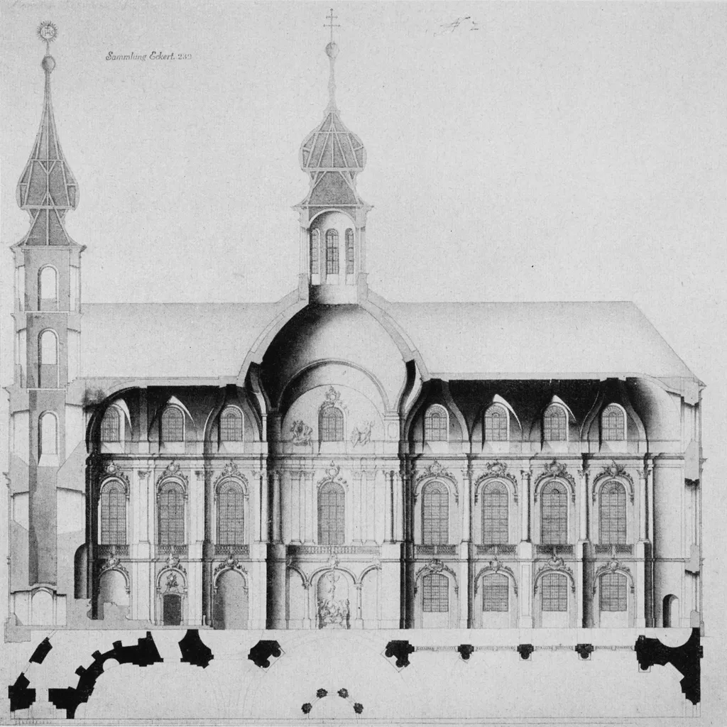 Balthasar Neumann, Jesuitenkirche Mainz, Längsschnitt; Der Längsschnitt befand sich in der Sammlung Eckert des Luitpold-Museums Würzburg