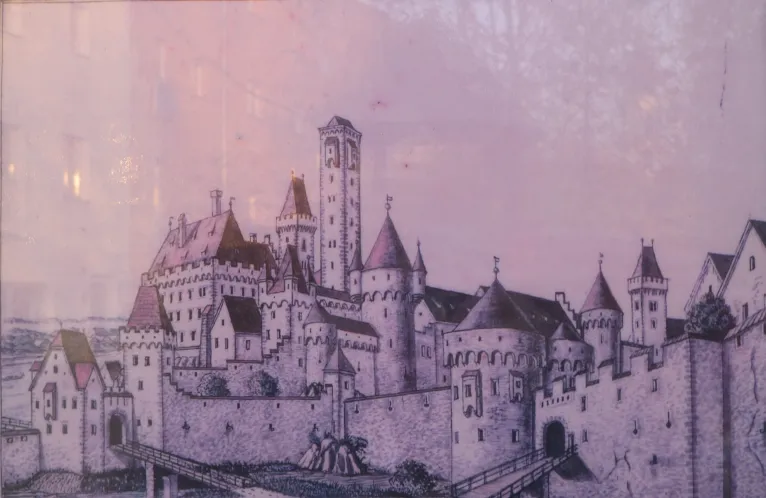 Burg Schärding, gezeichnet im 19. Jahrhundert von Johann Ev. Lamprecht.