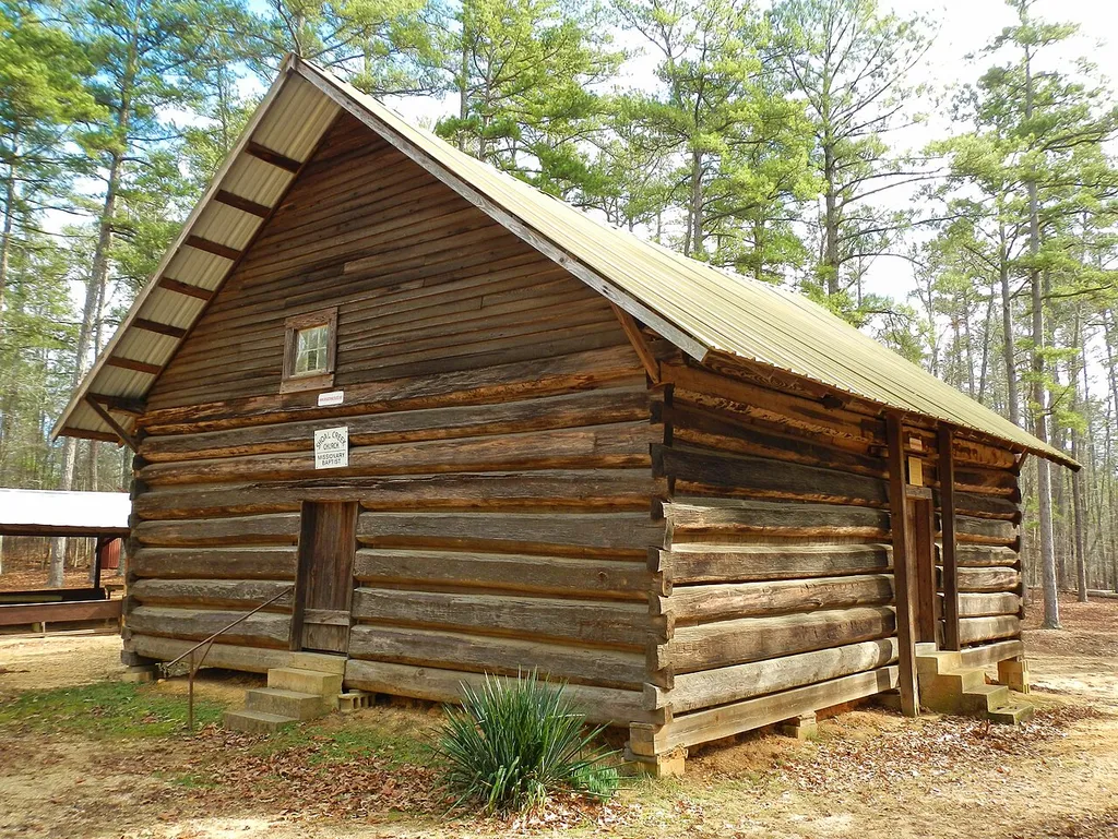 This is a photograph of Shoal Creek Church (NRHP) located in Talladega National Forest near Edwardsville, Alabama.