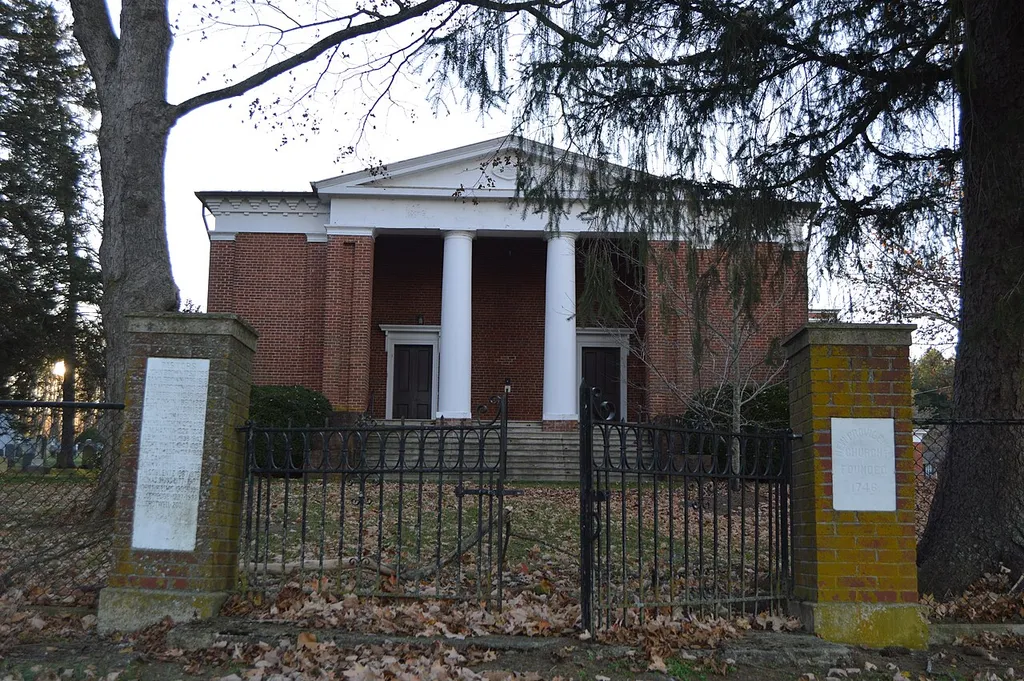 Front of the New Providence Presbyterian Church, located on State Route 252 northeast of Brownsburg in Rockbridge County, Virginia, United States. Built in 1859 to a design by theologian Robert Lewis Dabney, it is listed on the National Register of Historic Places.