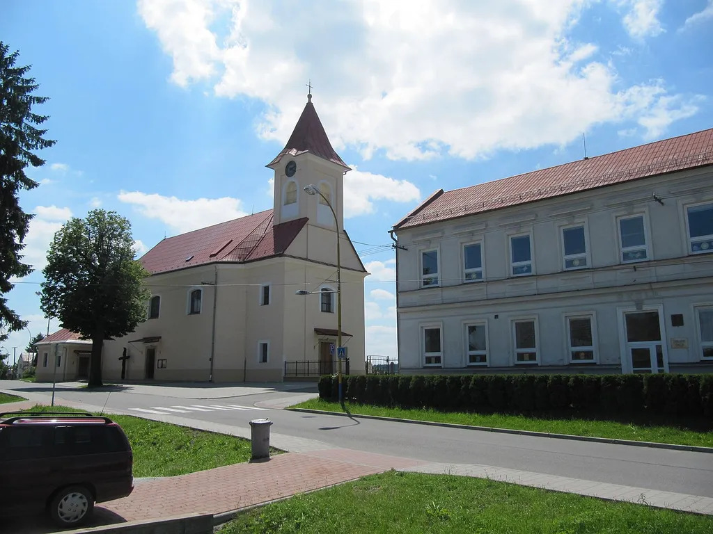 Halenkovice in Zlín District, Czech Republic.St.-Joseph-church and the old school.