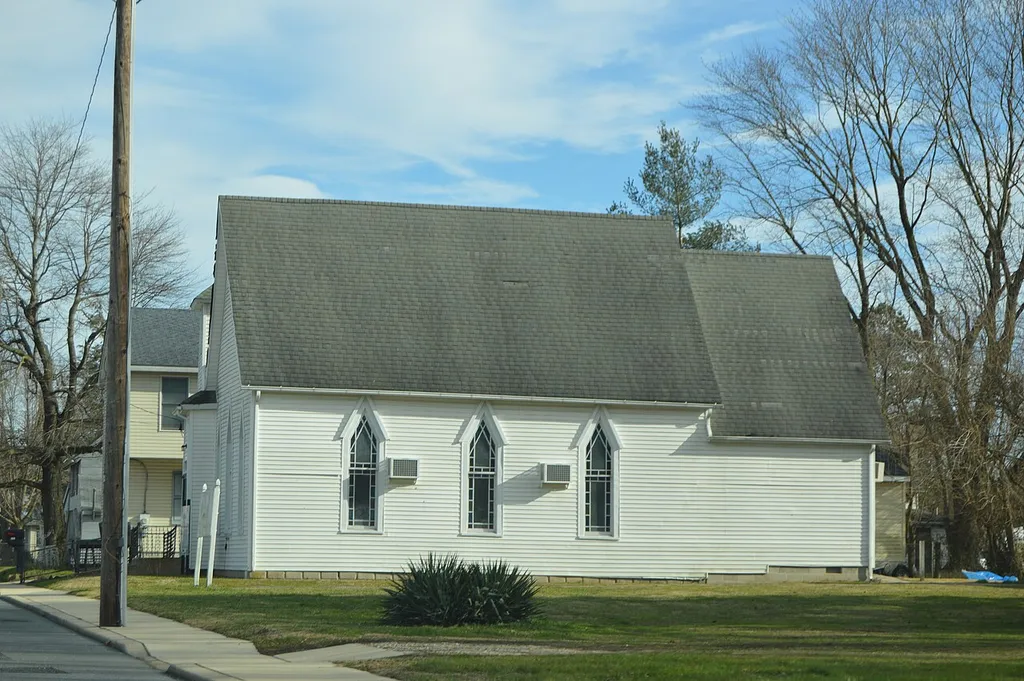 Western side of St. Paul A.M.E. Church, located at 103 W. Mispillion Street in Harrington, Delaware, United States. Built in 1895, it is listed on the National Register of Historic Places.