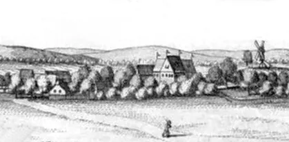 Burg Koldingen, erkennbar an den Dachfähnchen, in Topographia und Eigentliche Beschreibung Der Vornembsten Stäte, Schlösser auch anderer Plätze und Örter in denen Hertzogthümer[n] Braunschweig und Lüneburg, und denen dazu gehörende[n] Grafschafften Herrschafften und Landen
