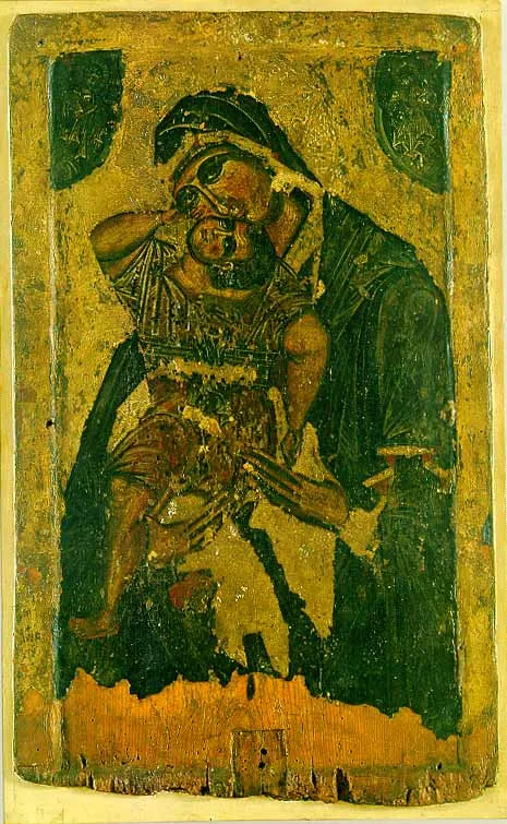 Богородица умиление. XV век. 79 x 47 cm. Од црквата „Св. Никола“ во с. Варош, Прилеп. Денес во Музејот на Македонија, Скопје