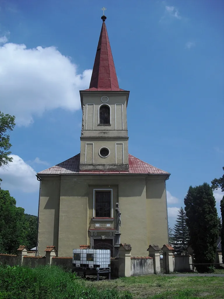 Fulnek, Nový Jičín District, Czech Republic, part Vlkovice. Church of St. Nicholas in the northern part of the village. The present church was built in 1807.