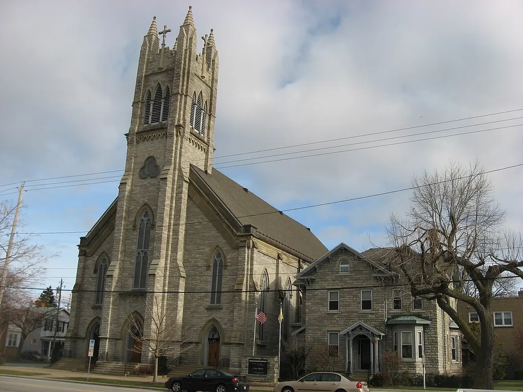 Front of Saints Peter and Paul Catholic Church and its rectory, located at 510 Columbus Avenue (State Route 4) in Sandusky, Ohio, United States. Built in 1865, it is listed on the National Register of Historic Places.