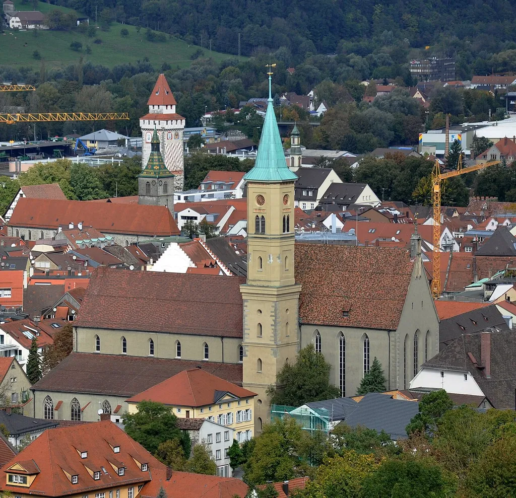 Ravensburg, Evangelische Stadtkirche (und Jodkoskirche sowie Gemalter Turm), von St Christina aus gesehen