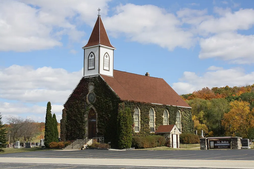 The Saint John Evangelical Lutheran Church in New Fane, Wisconsin in the United States. The church was built in 1870 and it is affiliated with the Lutheran Church-Missouri Synod. It is listed on the National Register of Historic Places. This is an image of a place or building that is listed on the National Register of Historic Places in the United States of America. Its reference number is 86000794 (Wikidata).