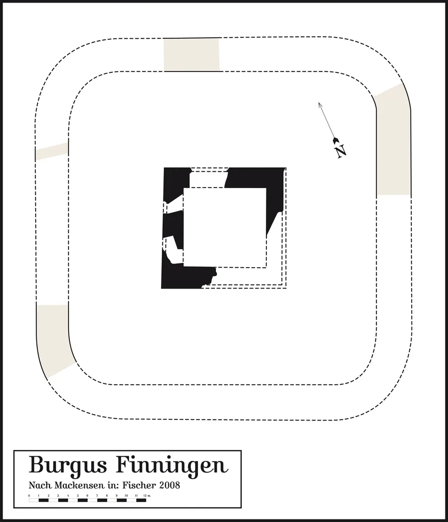 Der spätantike Burgus von Finningen, Landkreis Neu-Ulm, Bayern, Deutschland. Zeichnung auf Grundlage der Forschungen von M. Mackensen.