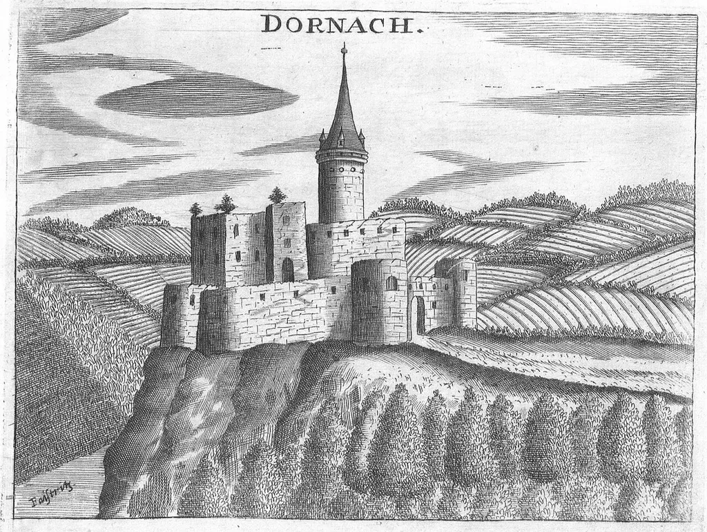 Engraving, view of Dornach castle, Upper Austria