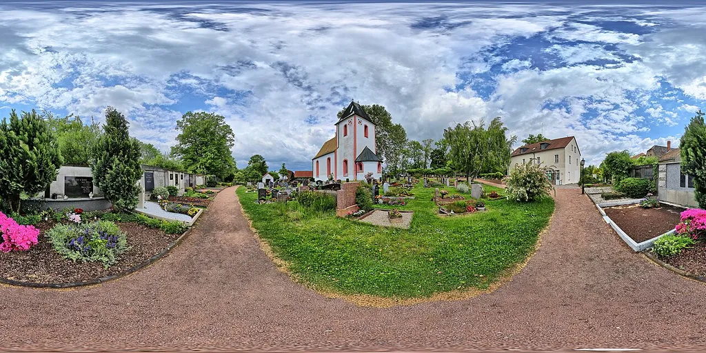 Großpösna/Saxony, Lutherkirche 2025: 360°×180° spherical panorama of the exterior view seen from the south-east (Please be sure to view in the interactive 360° panoramic viewer, see link above.);