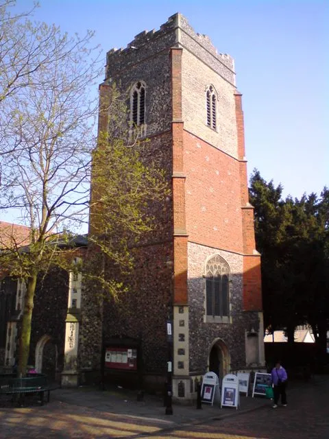 West tower of the information centre in Ipswich, Suffolk, seen from the northwest from Arras Square. Converted from the former parish church of St Stephen.
