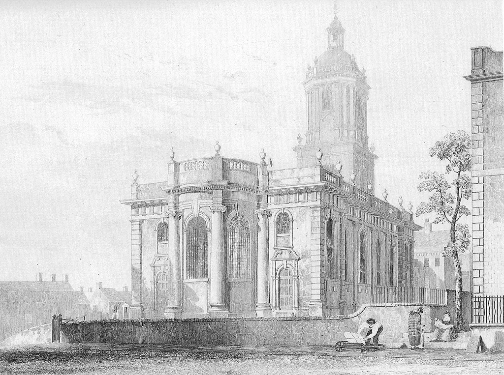Engraving of St Paul's parish church, Pinstone Lane, Sheffield, West Riding (now South Yorkshire), seen from the east